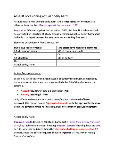 Understanding Assault Occasioning Actual Bodily Harm (Section 47) - Studocu