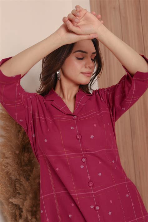 Deep Pink Cotton Handloom Woven Ready-To-Wear A Line Co-ord Set With C ...
