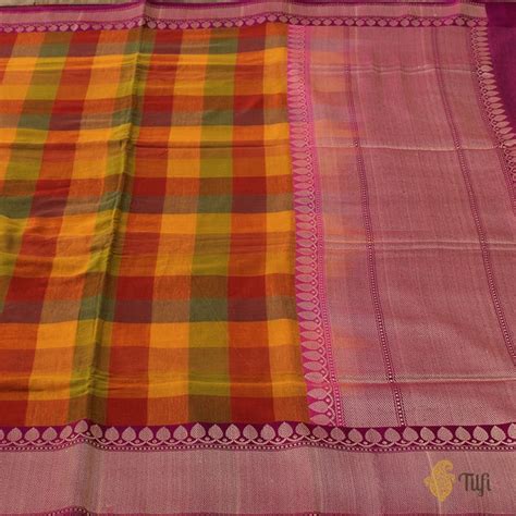 Checkered Pure Cotton Handloom Banarasi Saree - Tilfi