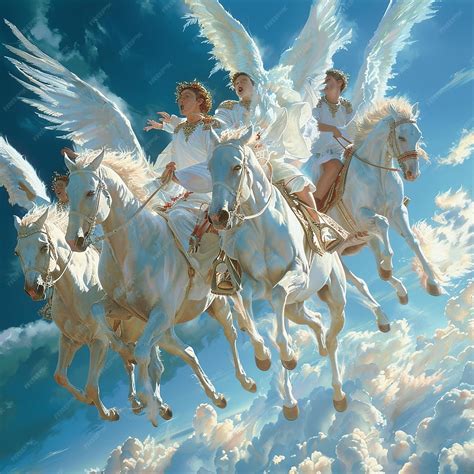 Hd realistic painting of biblical angels in the sky riding on white ...