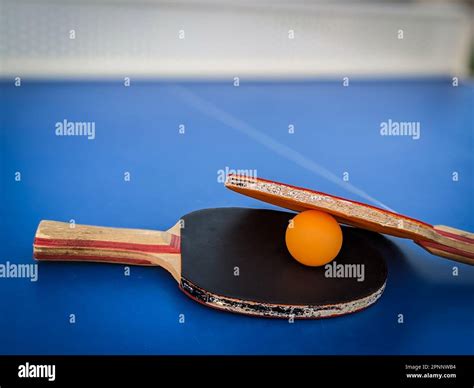 The professional ping pong rackets on a vibrant blue ping pong table ...