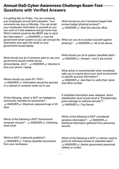 Annual DoD Cyber Awareness Challenge Exam Test Questions with Verified ...