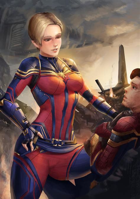 Captain Marvel meets Spiderman colourised : r/superheroporn