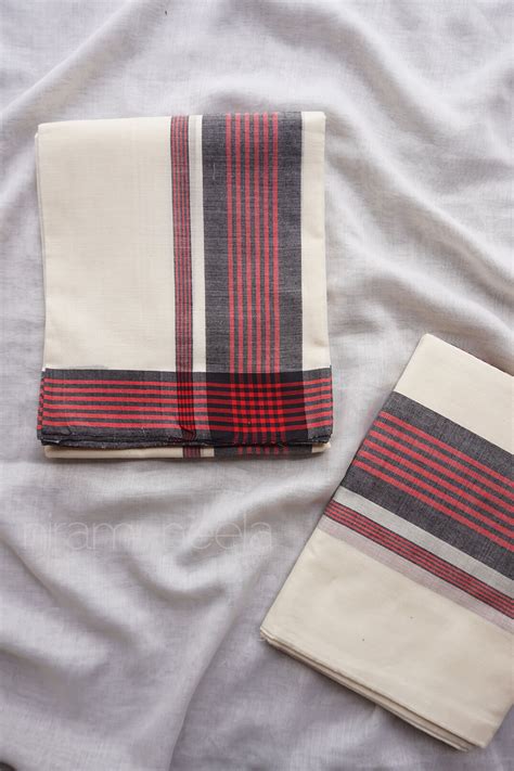 Ivory,black and red single set mundu | Niram Neela