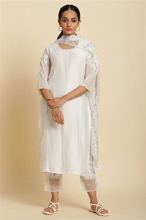 Buy Ecru Embroidered kurta With Printed Slim Pants And Dupatta Online ...