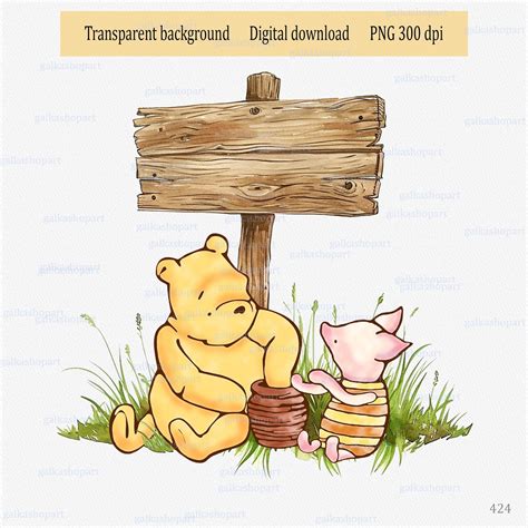 Classic Winnie the Pooh and Piglet Near Wooden Sign on a Pole: Clipart ...