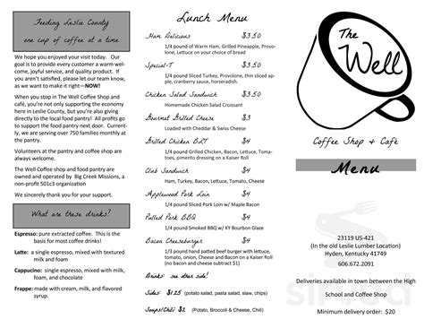 The Well Coffee Shop menu in Hyden, Kentucky, USA