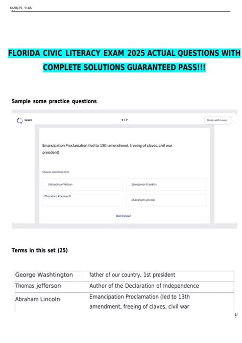 FLORIDA CIVIC LITERACY EXAM 2025 ACTUAL QUESTIONS WITH COMPLETE ...