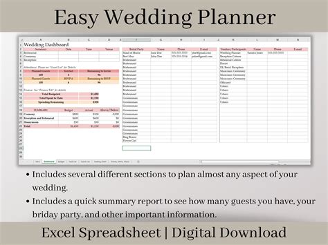 Wedding Planner Excel Template: Budget, Checklist, Guest List (digital ...