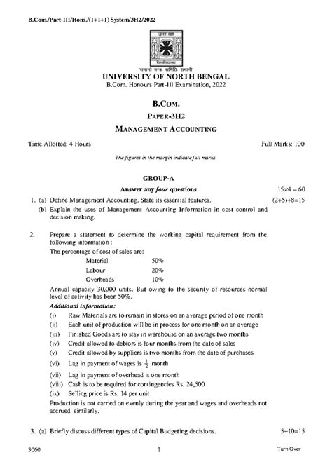 Management Accounting - 3060 1 Turn Over UNIVERSITY OF NORTH BENGAL B ...