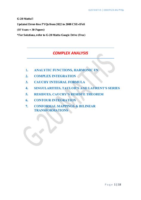 G20 MATHS COMPLEX ANALYSIS PYQs (2008-2022) with Solutions - Studocu