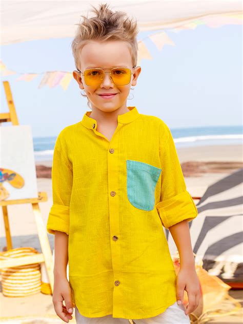 Boys Yellow Colourblocked Rolled up Cotton Shirt – Jilmil