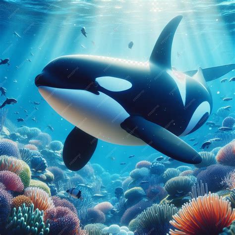 Premium PSD | Hyperrealistic image of orca killer whale in the blue sea ocean diving underwater view