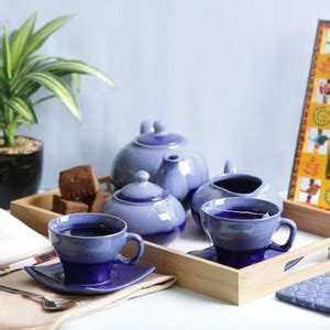 VarEesha Pack of 1 Ceramic Blue Stoneware Tea Pot with Cups Morning Set ...