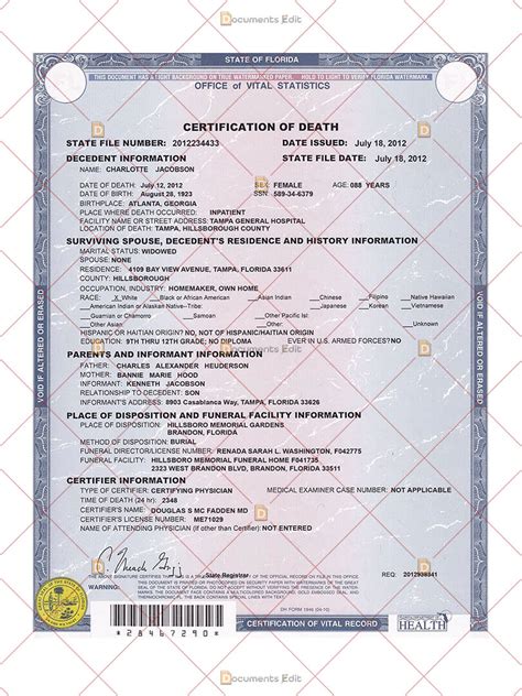 Florida Death Certificate - Documents Edit