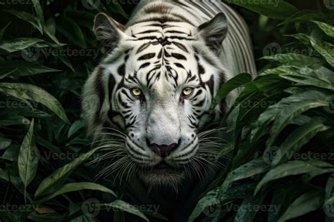 Portrait of White Tiger hiding or lurking in the forest hunting for preys, animals wildlife ...