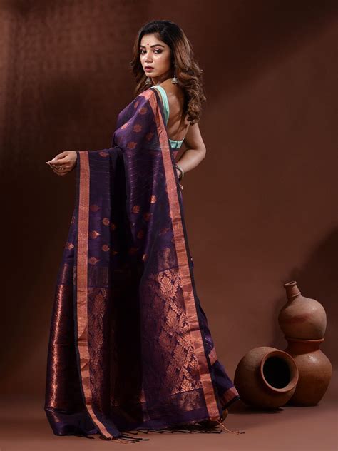 Violet Linen Handwoven Saree With Nakshi Pallu – Charukriti