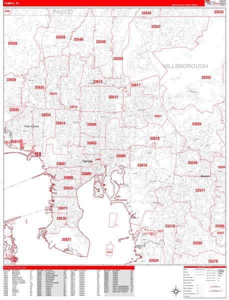Tampa Florida Zip Code Wall Map (Red Line Style) by MarketMAPS - MapSales