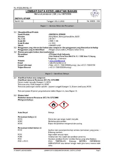 MSDS Diethyl Ether (A-069) - Safety Data Sheet Overview - Studocu