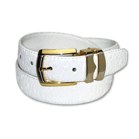 Ostrich Pattern White Bonded Leather Mens Belt Gold-Tone Buckle