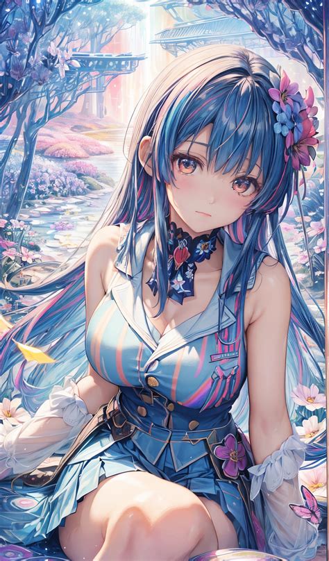 Anime girl with blue hair and blue dress sitting in a field of flowers ...