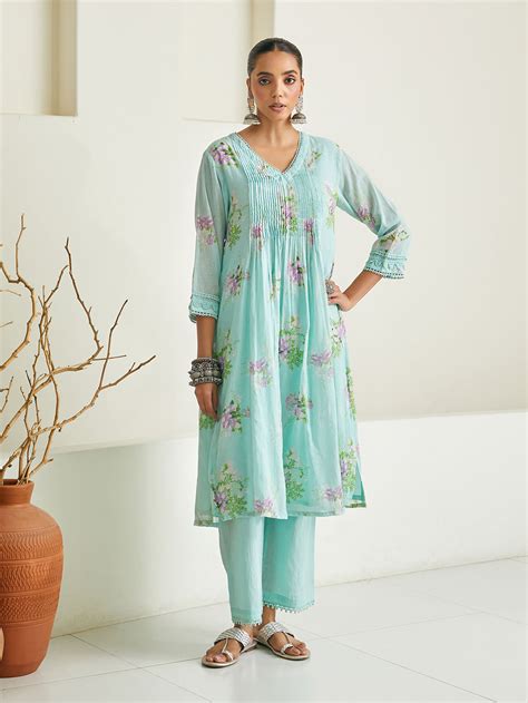 Aqua Blue Printed Mulmul Kurta with Pants - Set of 2
