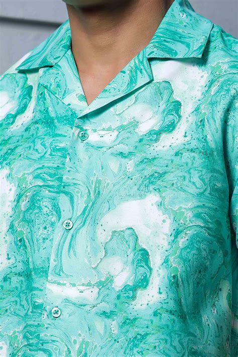 Abstract Green Aqua Print Cuban Collar Oversized Resort Shirt – House ...