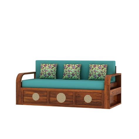COSMOS Solid Sheesham Wood 3 Seater Sofa Cum Bed with Headboard Design ...