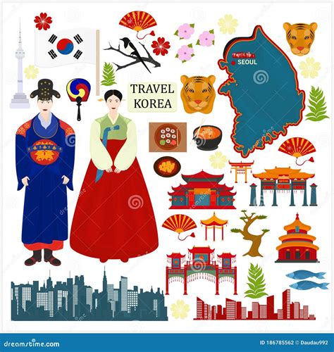 Travel To Korea. Symbols of Korea. Set of Traditional Elements of Korean Culture Stock Vector ...