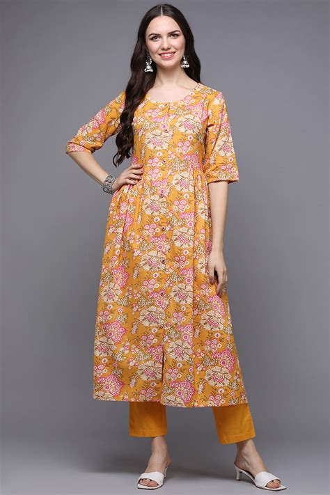 Yellow Cotton Floral A-Line Kurta VCK9310 – Ahika