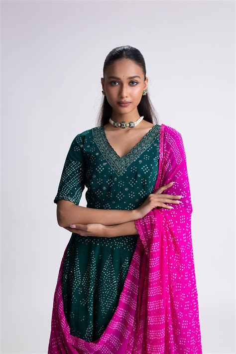 Crepe Bandhani Lehenga Set - Green Rani – Naina Jain