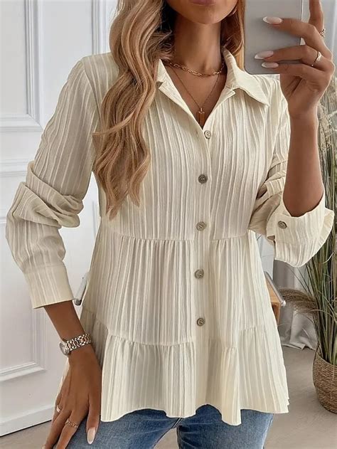 Women's Blouse Ruched Buttons Solid Color Stylish Casual Long Sleeve ...