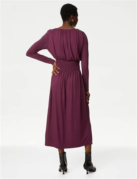 Buy Round Neck Ruched Midi Smock Dress at Marks & Spencer