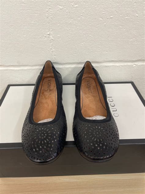 Vionic Robyn Perforated Black Leather Ballet Flat Sho… - Gem