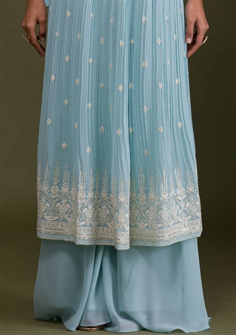 Buy Sky Blue Threadwork Georgette Readymade Salwar Suit - Koskii