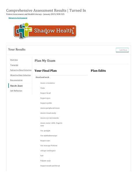Plan my Exam Comprehensive Assessment _ Completed _ Shadow Health. NUR ...