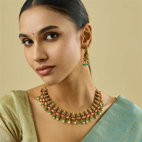 Antique Gold Plated Temple Necklace with Green and Coral Beads ...