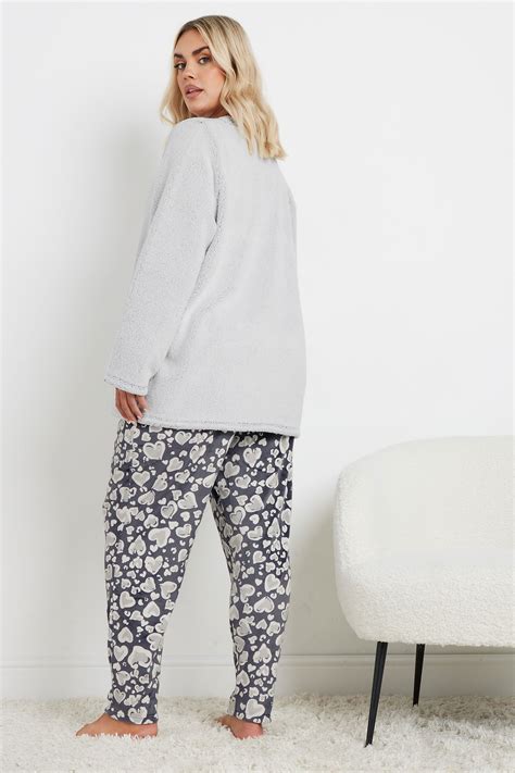 YOURS Plus Size Grey Animal Heart Print Borg Lounge Set | Yours Clothing