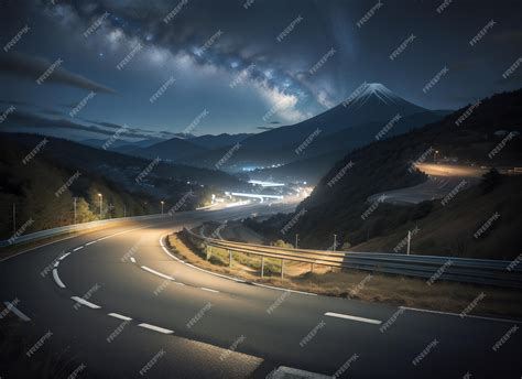 Premium Photo | A highway with a mountain in the background at night ...