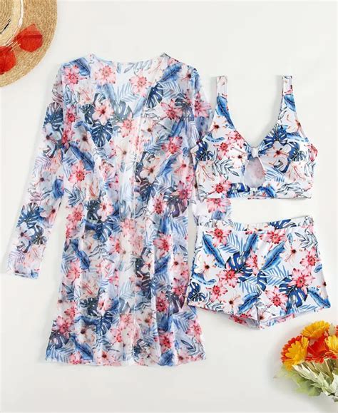 Tropical Floral Print Stretchy 3 Piece Set Bikini With Long Sleeve Kim ...