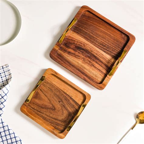 Square Wood Serving Tray With Gold Handles Set Of 2 Online - Premium ...
