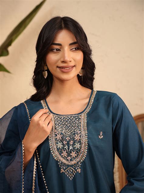 Embroidered Cotton Kurta With Pant & Dupatta – Meenabazaar