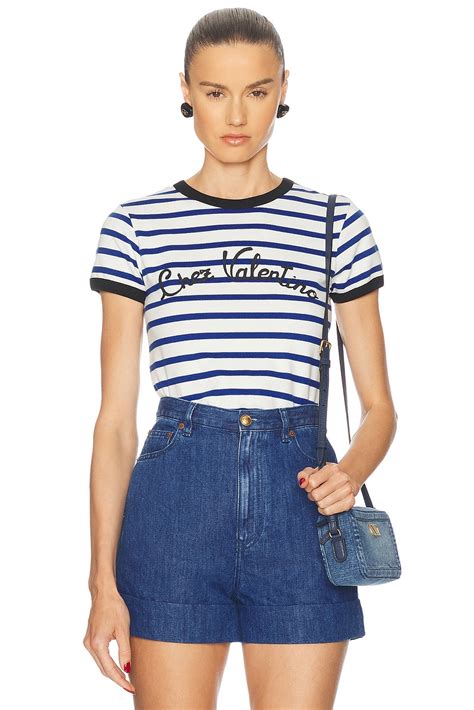 Valentino Striped Cotton T Shirt in Avorio & Blu | FWRD