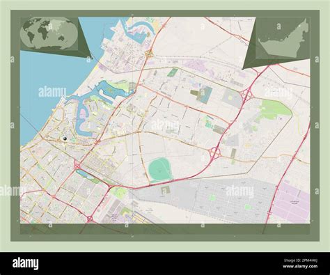 Ajman, emirate of United Arab Emirates. Open Street Map. Corner auxiliary location maps Stock ...