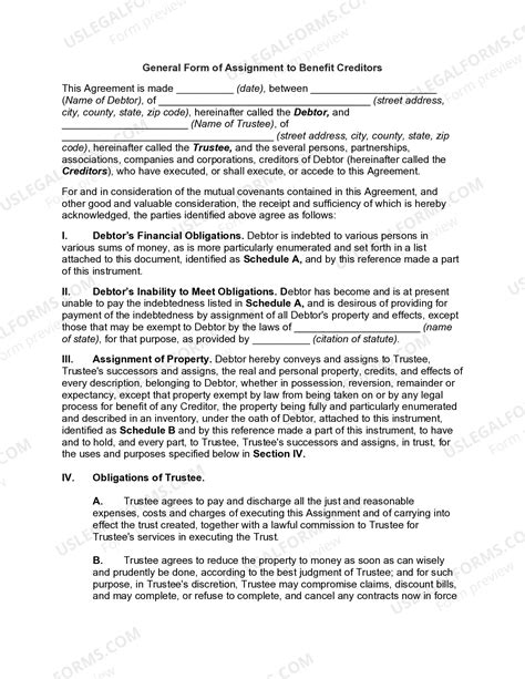 General Form of Assignment to Benefit Creditors | US Legal Forms