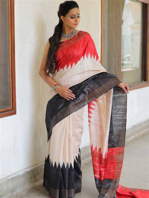 Bhagalpur Pure Handloom Tussar Silk Saree With Temple Border Design-Tr