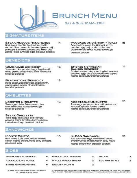 Menu at blu on the avenue restaurant, Winter Park, 326 S Park Ave