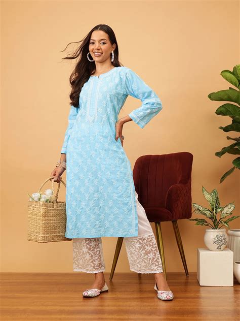 Ada Blue Cotton Lucknowi Chikankari Straight Kurta – Ada Chikan