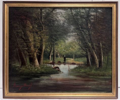 Maurice Bernard - Antique 19th Century French Signed Oil Painting Lady Walking in the Woods at ...