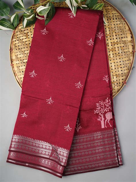 Mangalagiri Silk Saree With Thread Embroidery Butties And Silver Zari ...